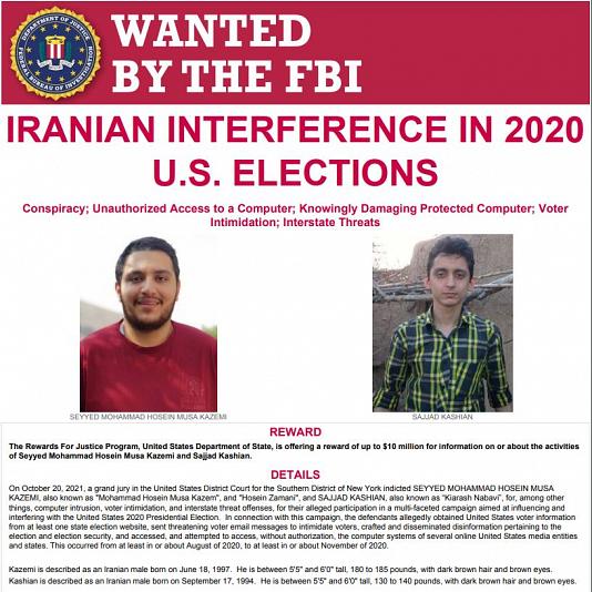 تعیین پاداش ۱۰ میلیون دلاری برای ارائه اطلاعات درباره ۲ ایرانی به‌دلیل دخالت در انتخابات آمریکا