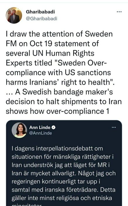 واکنش دبیر ستاد حقوق بشر به اظهارات توئیتری وزیر خارجه سوئد