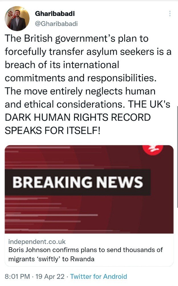 واکنش دبیر ستاد حقوق بشر به طرح جنجالی انگلیس برای اخراج پناهجویان